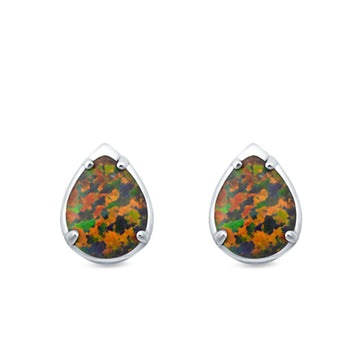 Solitaire Teardrop Pear Stud Earrings Lab Created Black Opal 925 Sterling Silver